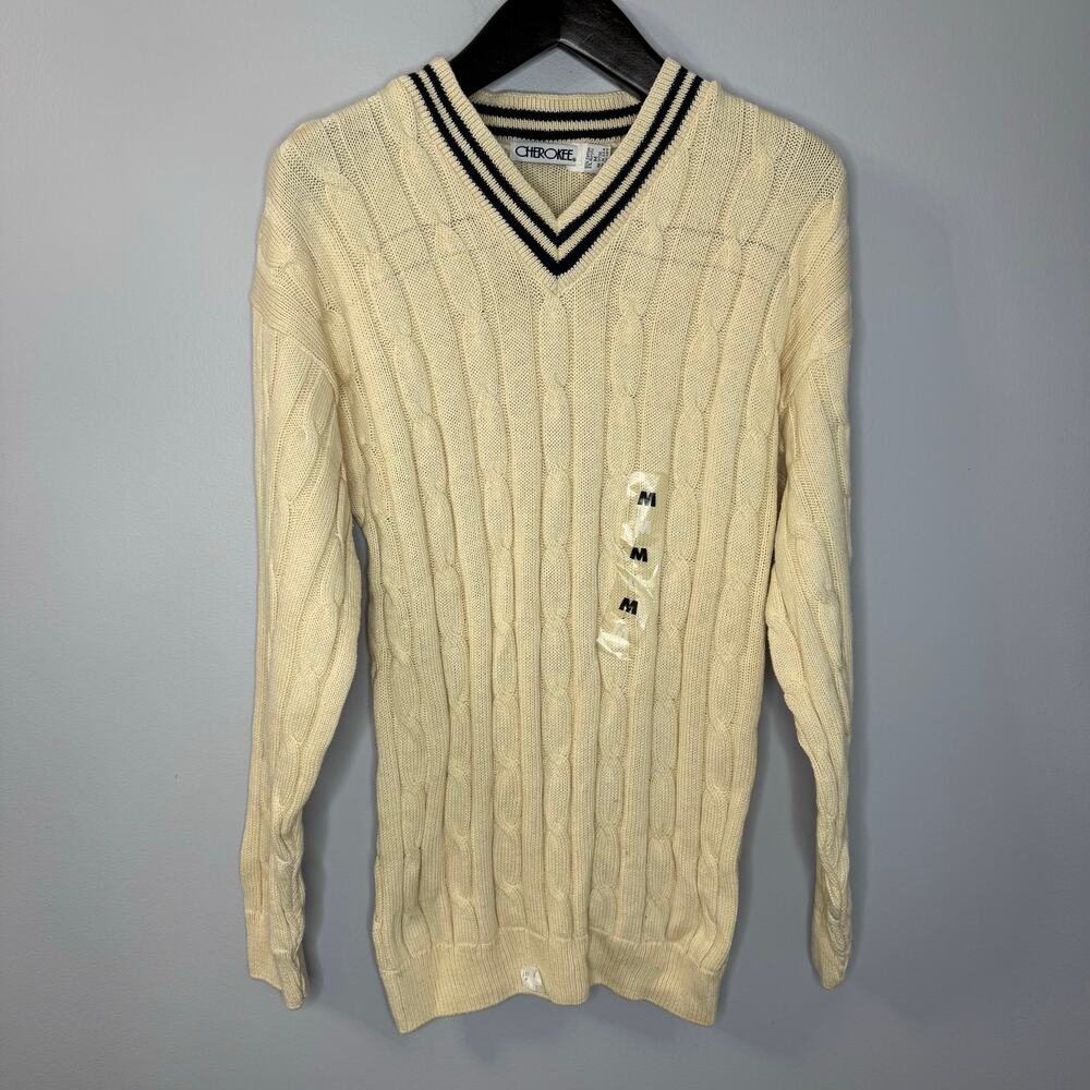 Cherokee Vintage Tennis V-Neck Cable Knit Sweater Cream Cotton Men's M